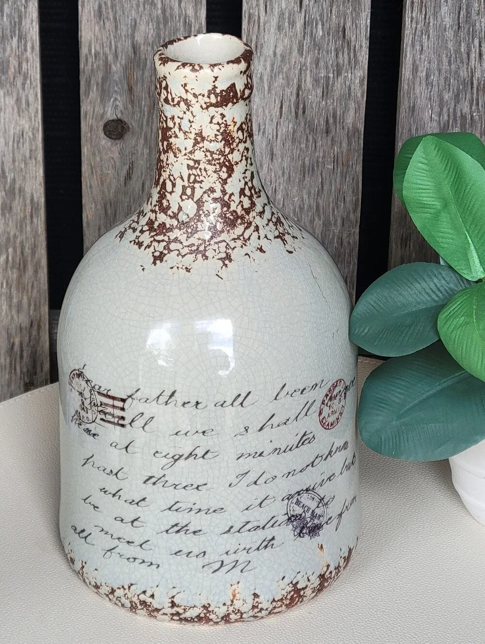 Deco 79 Vintage Script Ceramic Bottle Vase in Cream and Brown